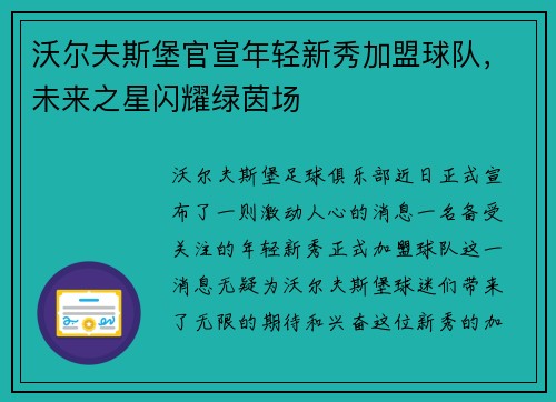 沃尔夫斯堡官宣年轻新秀加盟球队，未来之星闪耀绿茵场