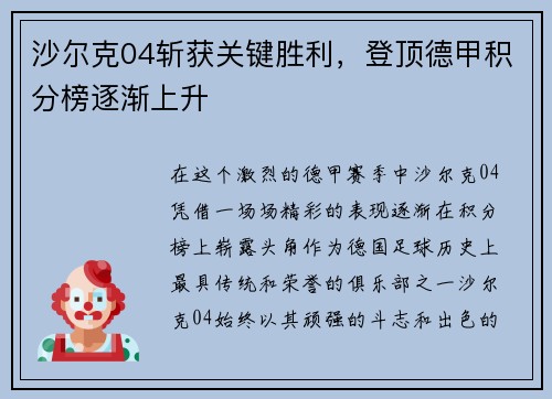 沙尔克04斩获关键胜利，登顶德甲积分榜逐渐上升
